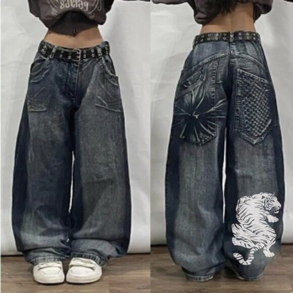 Unisex Y2K Gothic Print Wide Leg Baggy Jeans Vintage High Waist Denim - Picture 3 of 6